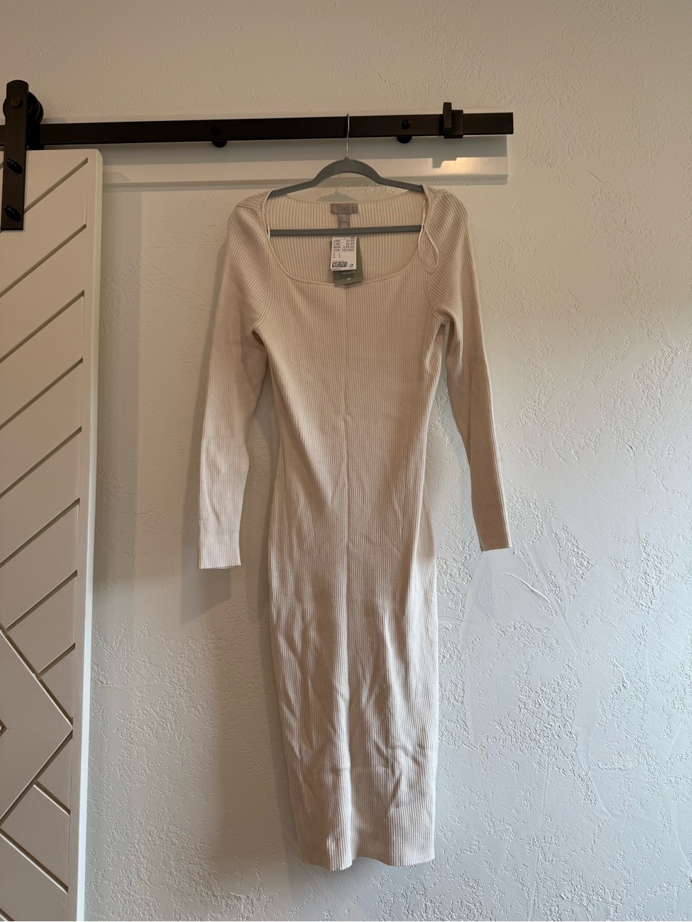 H&M Cream Ribbed Knit Midi Dress with Square Neck